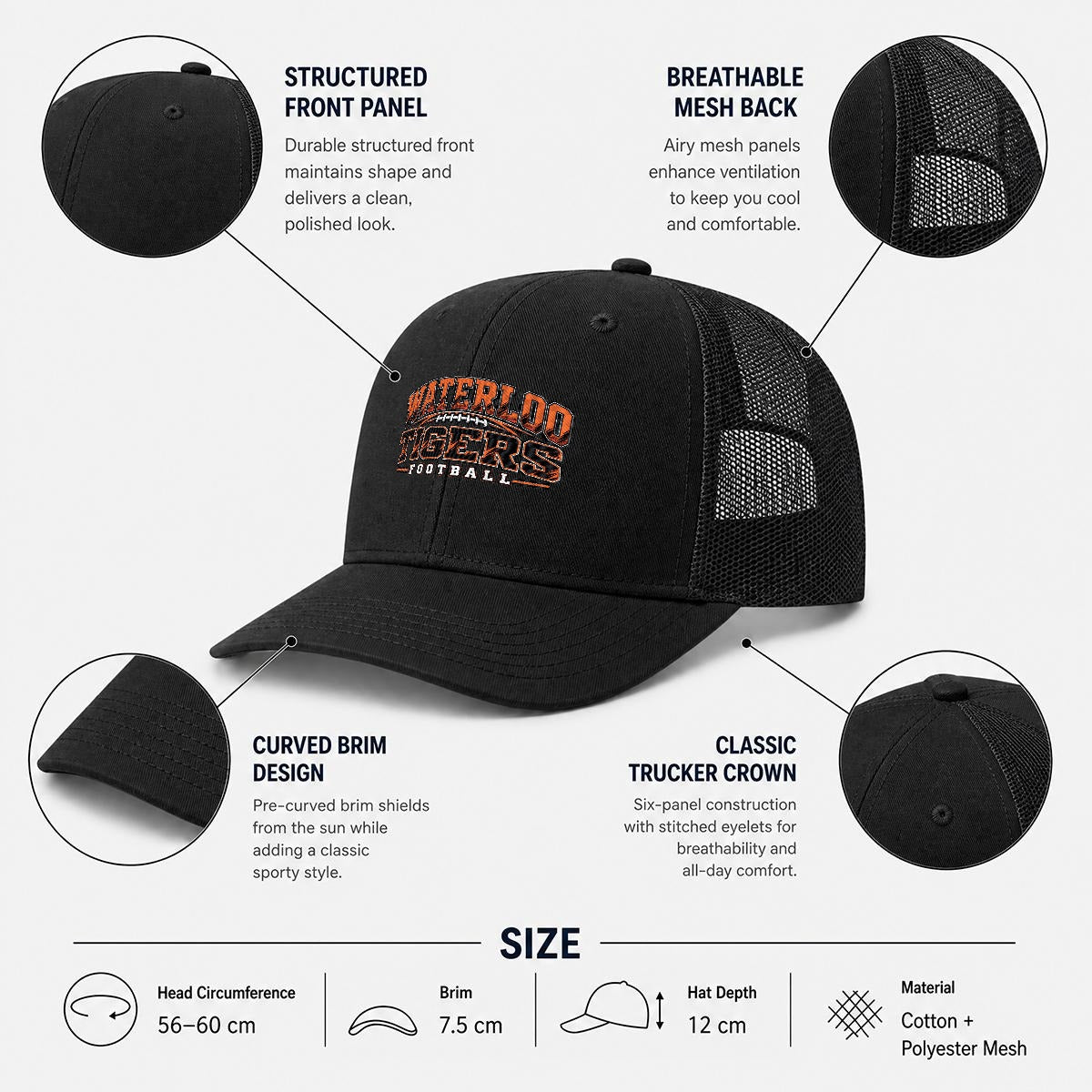 Waterloo Tigers Football Embroidered Mesh Hat
