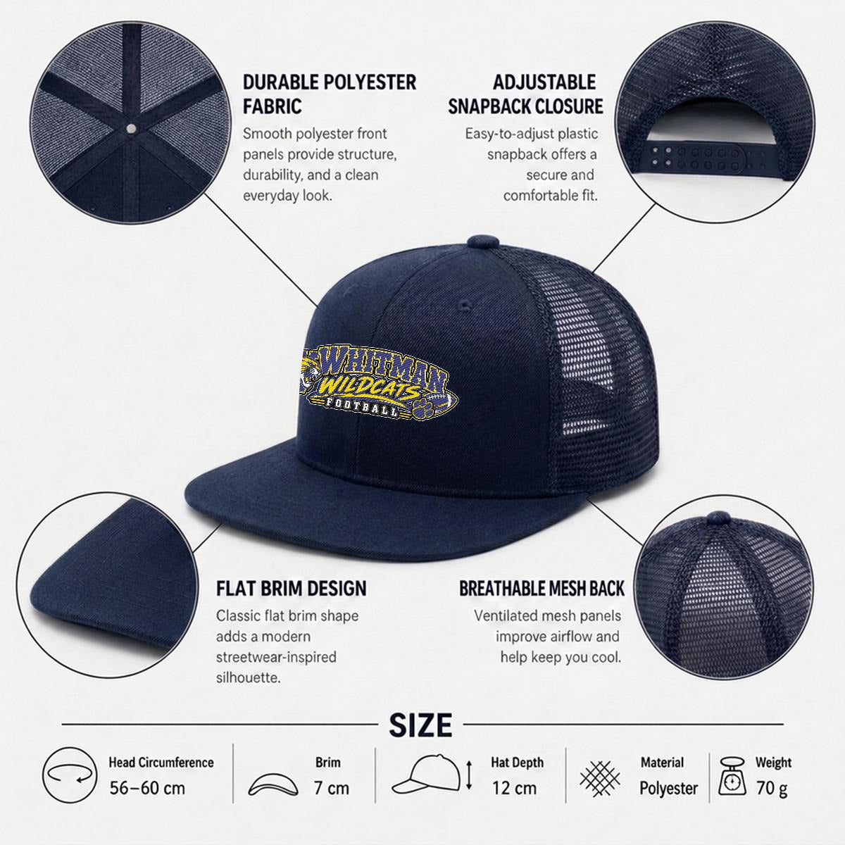 Marcus Whitman Football Embroidery Flat-Brim Mesh Cap