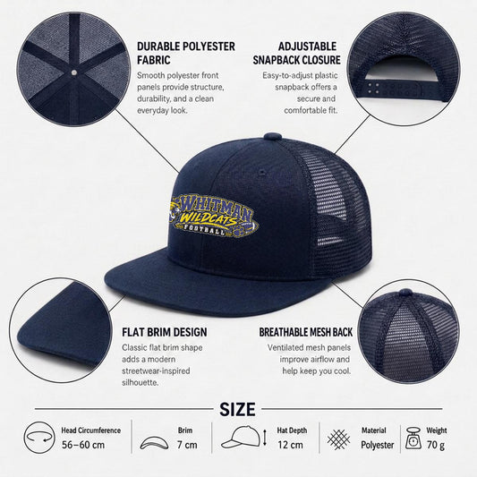 Marcus Whitman Football Embroidery Flat-Brim Mesh Cap