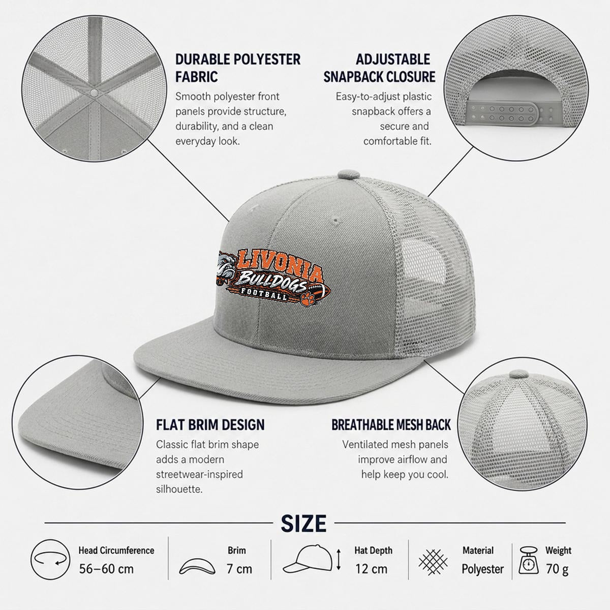 Livonia Football Embroidery Flat-Brim Mesh Cap