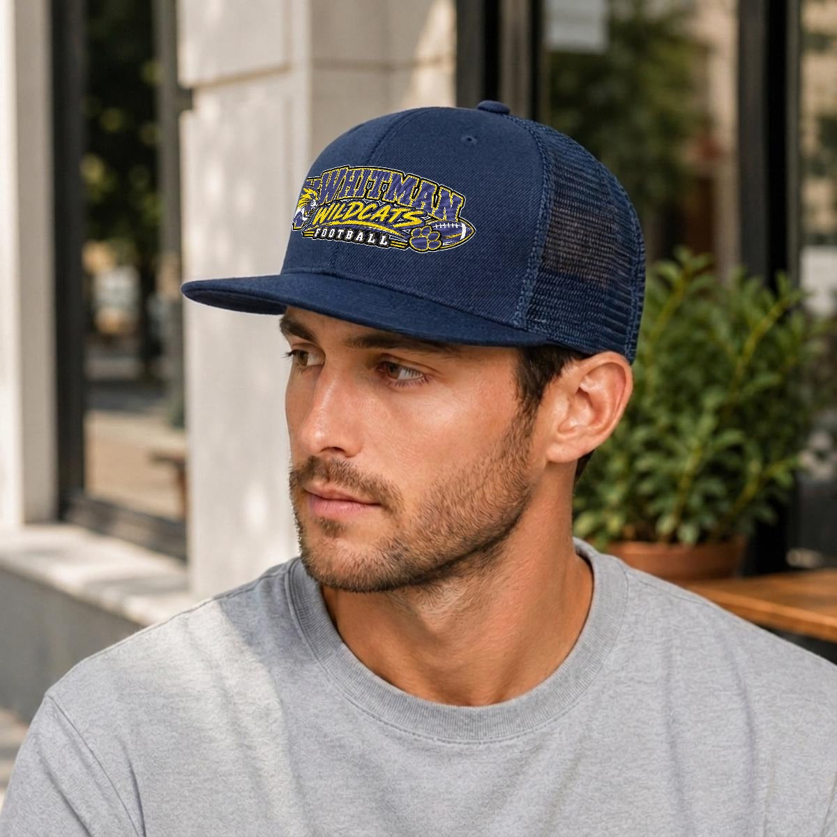 Marcus Whitman Football Embroidery Flat-Brim Mesh Cap