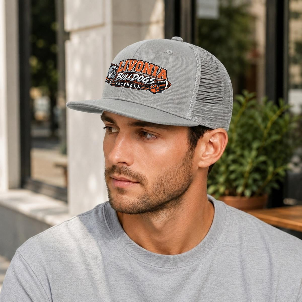 Livonia Football Embroidery Flat-Brim Mesh Cap