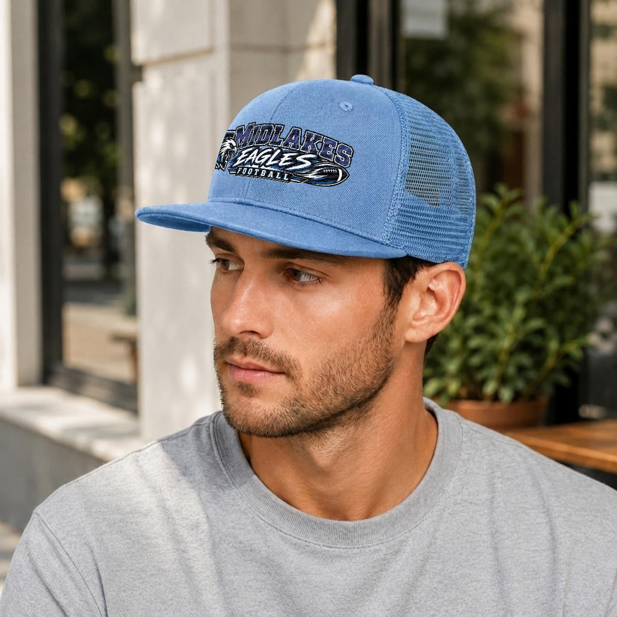 Midlakes Football Embroidery Flat-Brim Mesh Cap