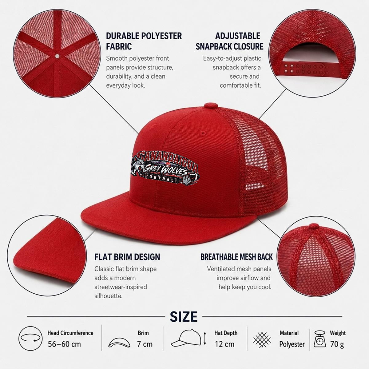 Canandaigua Football Embroidery Flat-Brim Mesh Cap