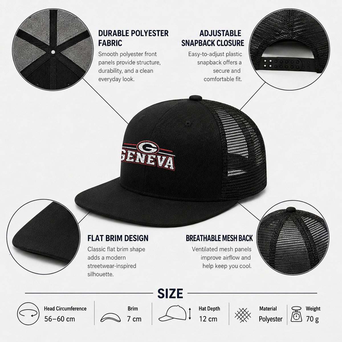 Geneva High School Embroidery Flat-Brim Mesh Cap