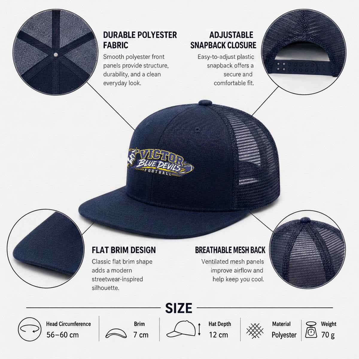 Victor Football Embroidery Flat-Brim Mesh Cap