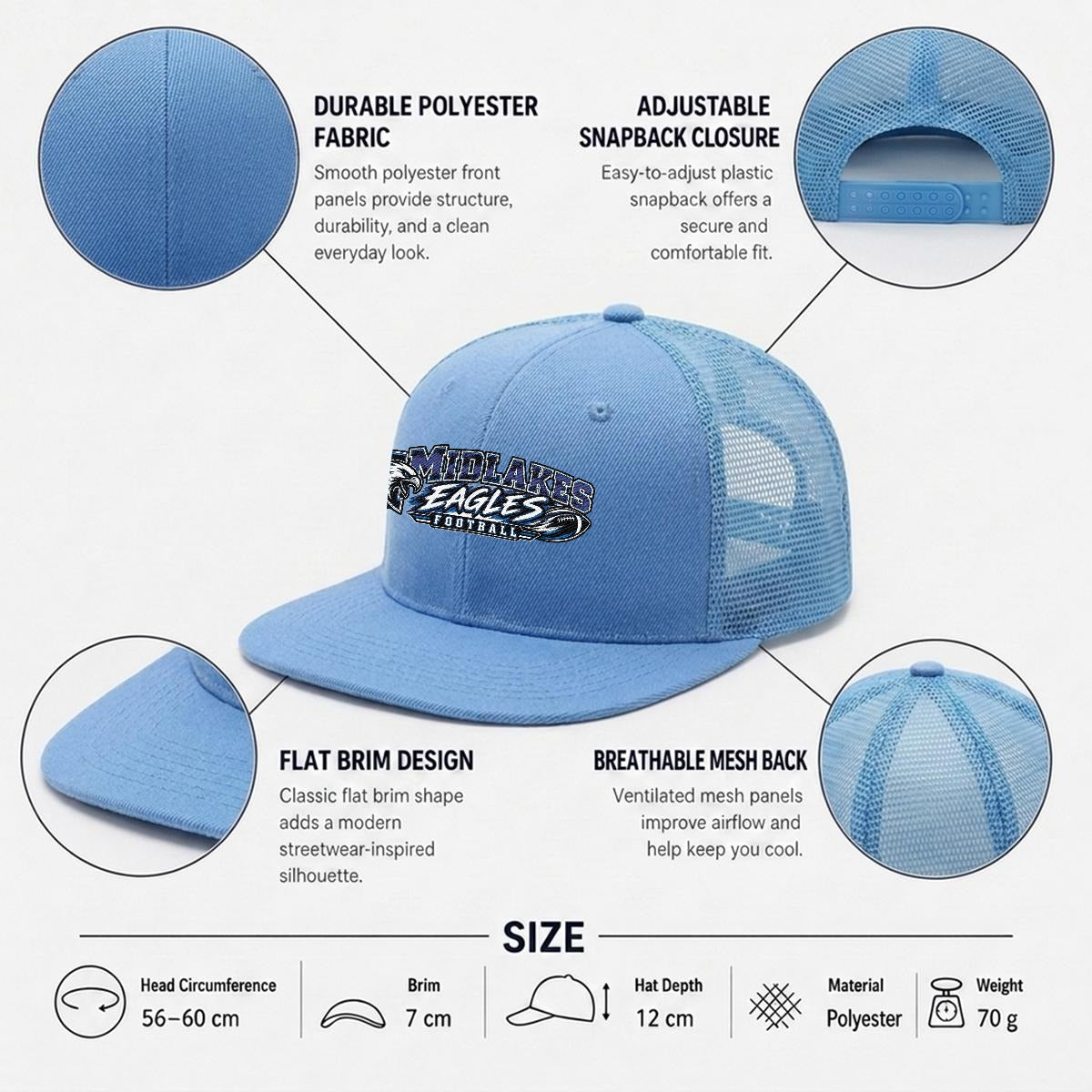 Midlakes Football Embroidery Flat-Brim Mesh Cap