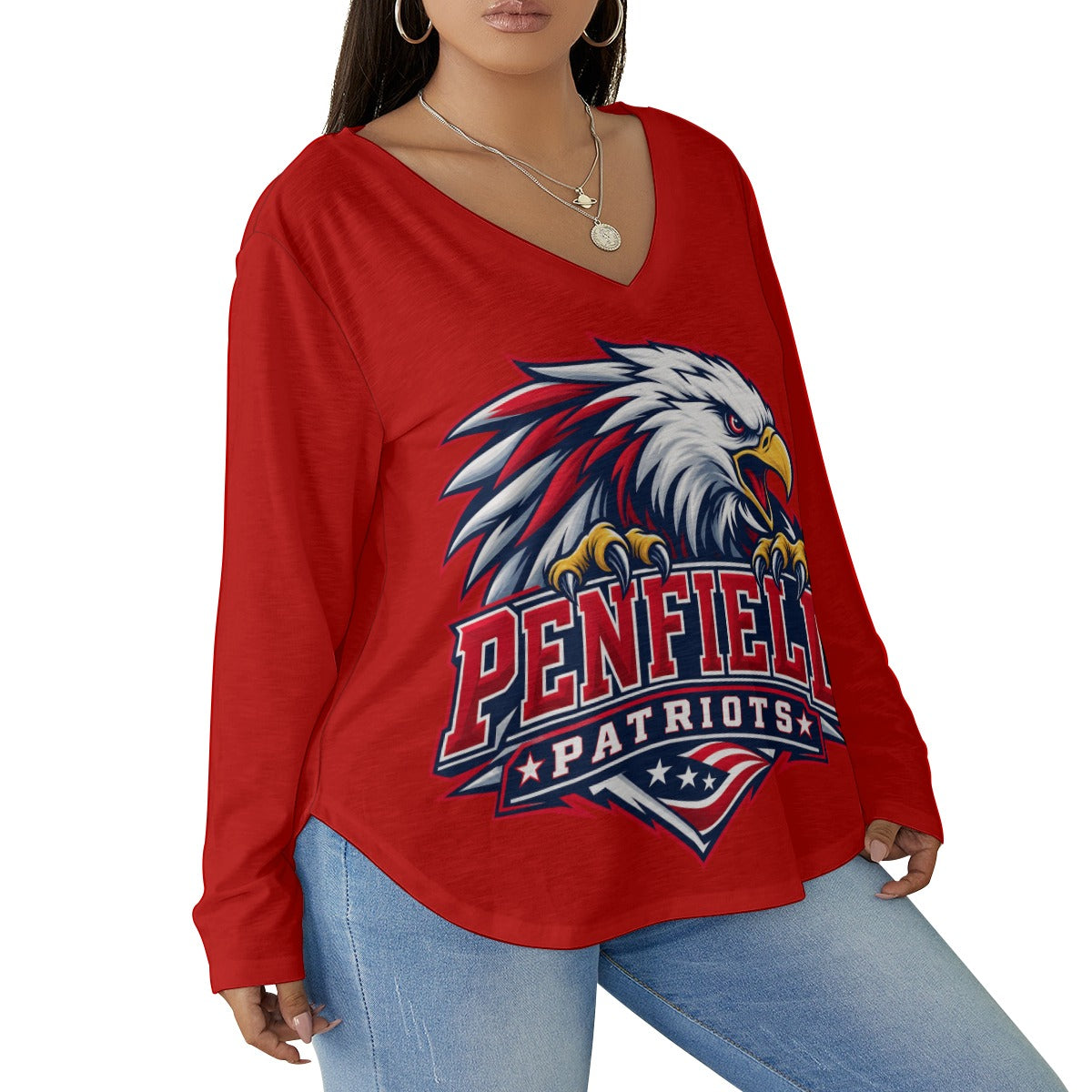 Penfield Custom Women's V-neck T-shirt With Curved Hem(Plus Size)